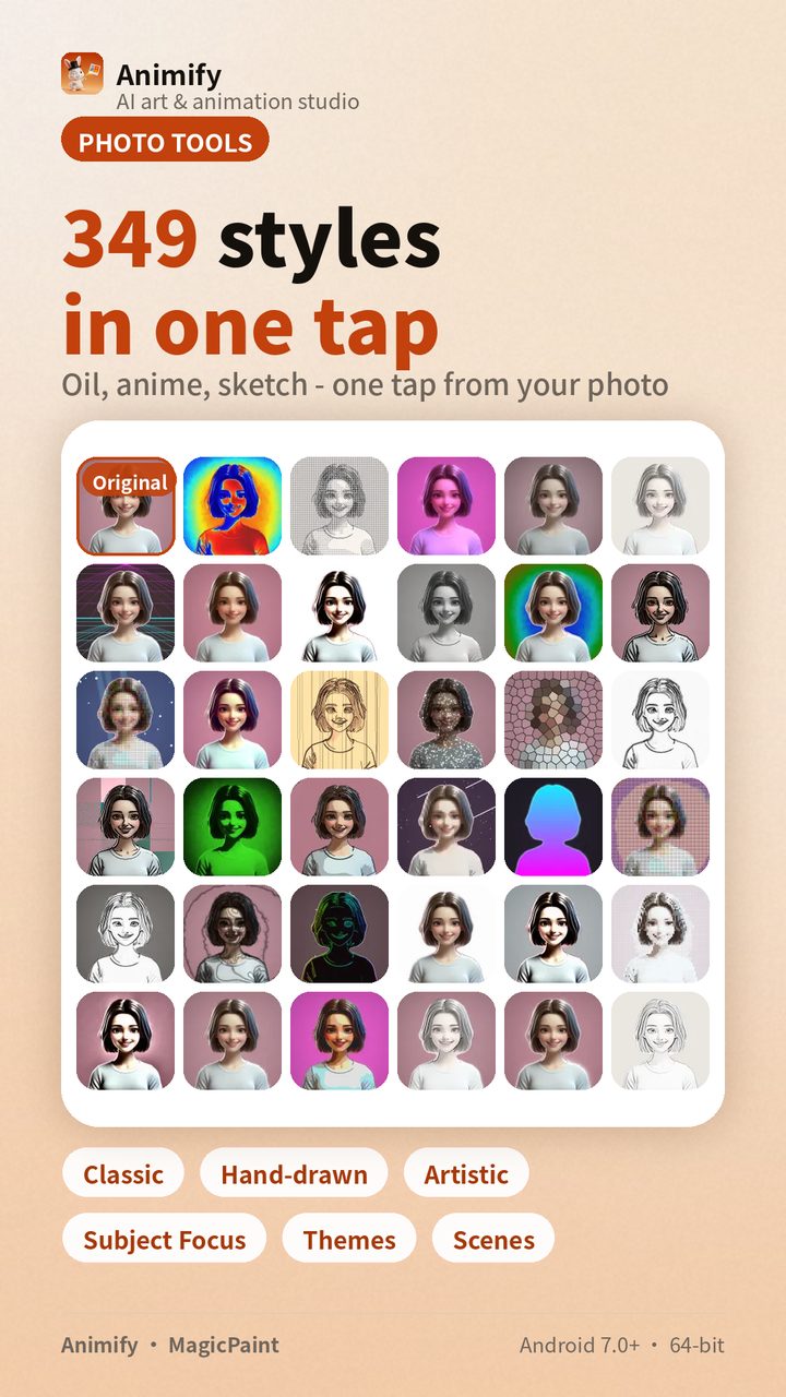 Animify screenshot · 349 styles, one-tap rendering